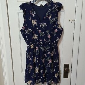 Robert Louis Navy Floral Vneck Sleeveless Short Dress Fully Lined Size Large